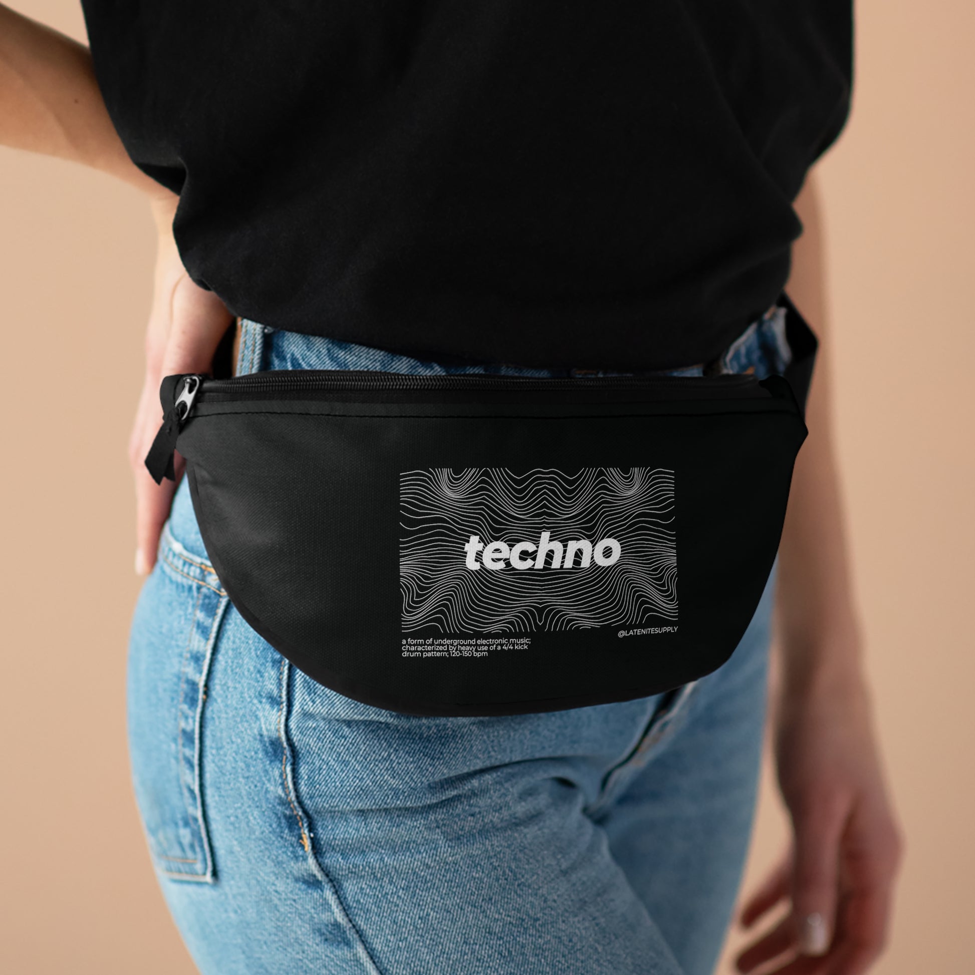 techno waves techno belt bag worn around hips