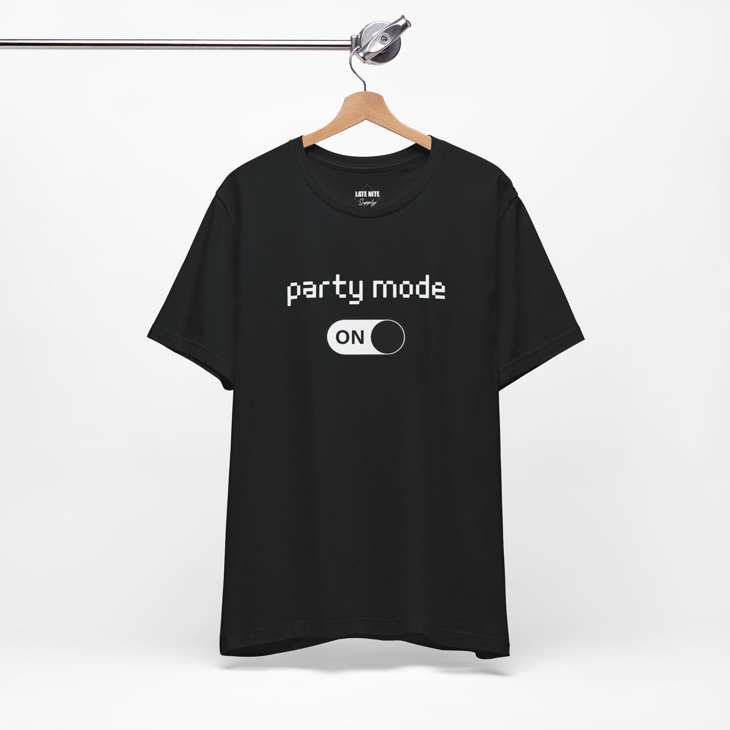 party mode: on techno t-shirt (front) on a hanger