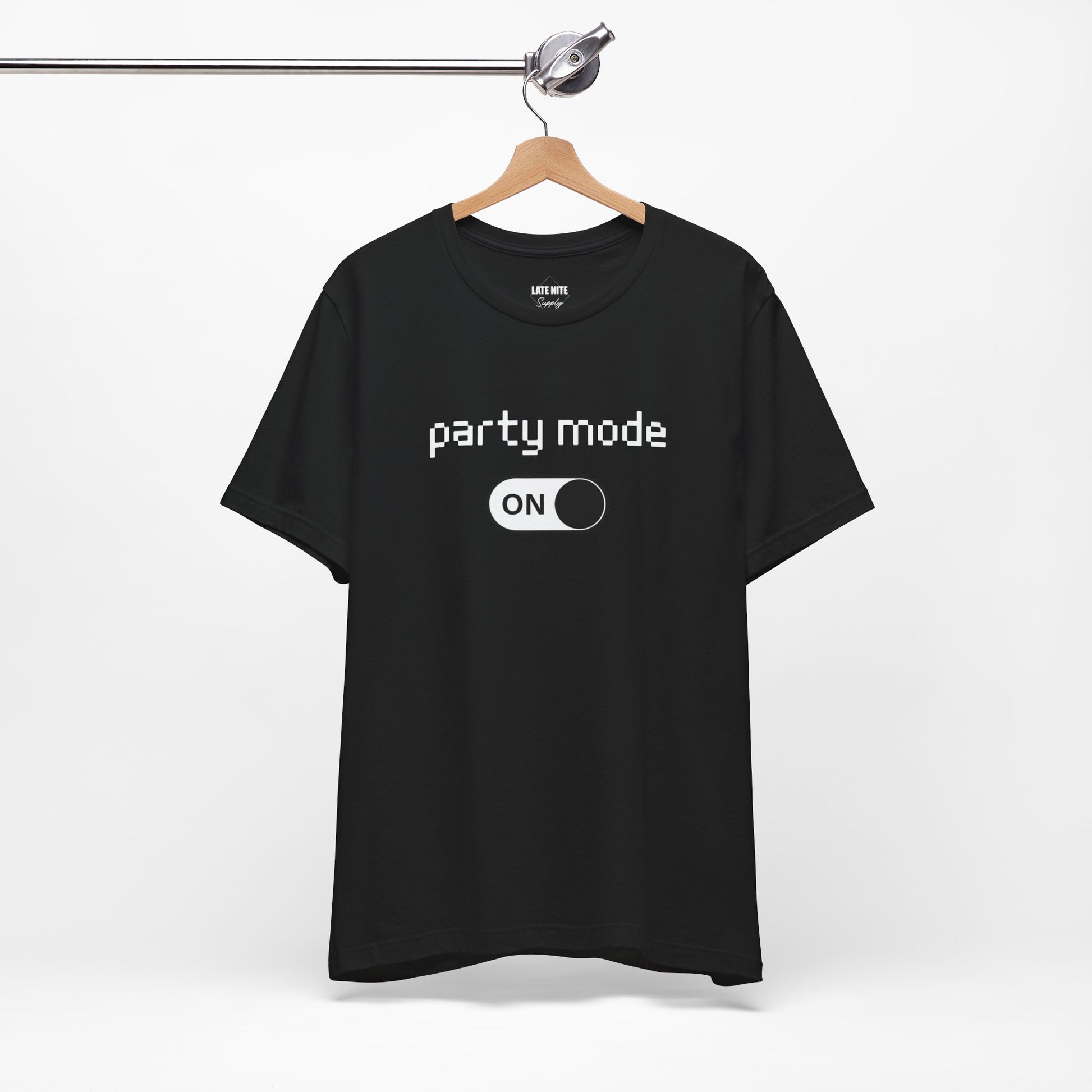 party mode: on techno t-shirt (front) on a hanger