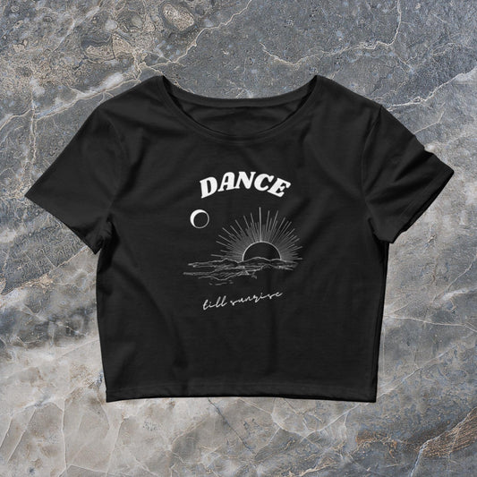 Dance till Sunrise Crop Top Techno Tee on an abstract background