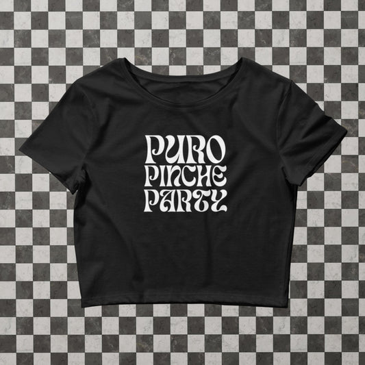 Puro Pinche Party Crop Top Techno Tee on a checkered background