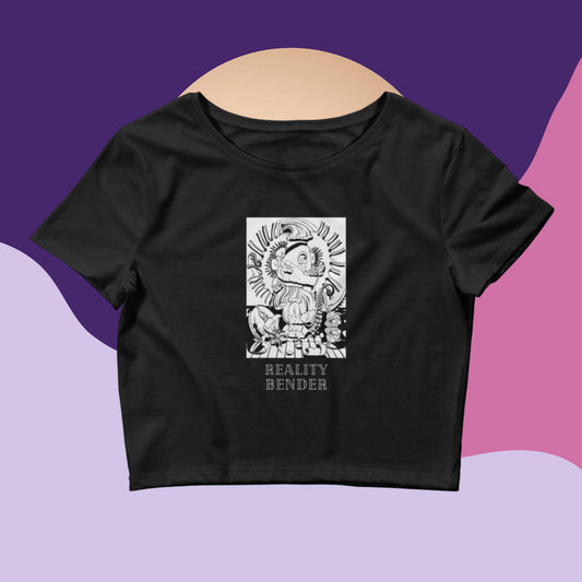 Reality Bender Crop Top Techno Tee on an abstract background