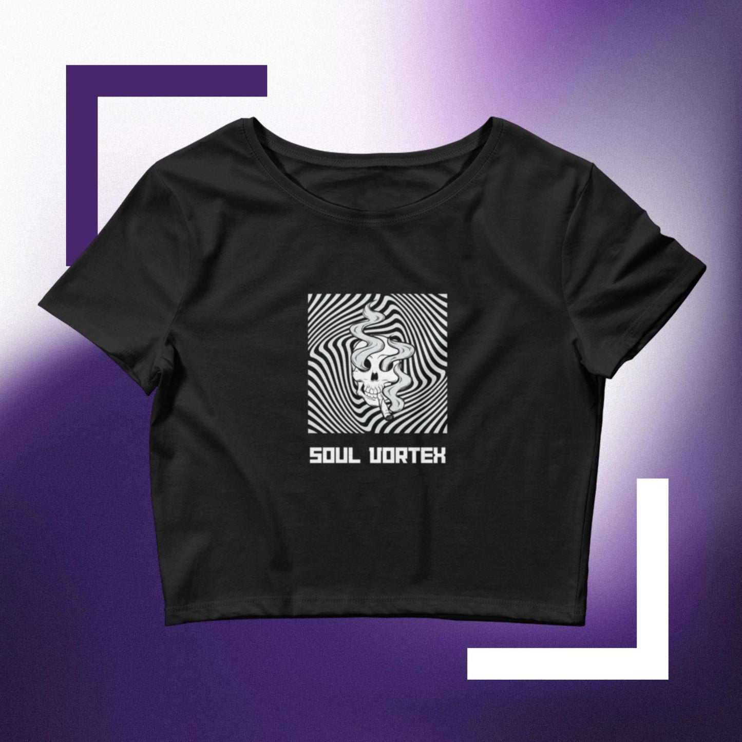 Soul Vortex Crop Top Techno Tee on abstract background