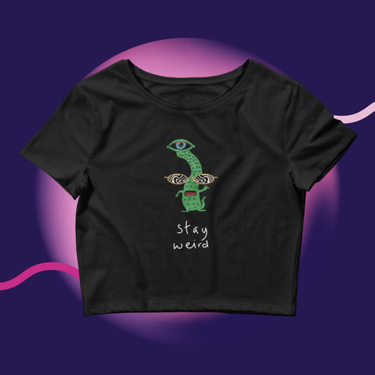 Stay Weird Crop Top Techno Tee abstract background