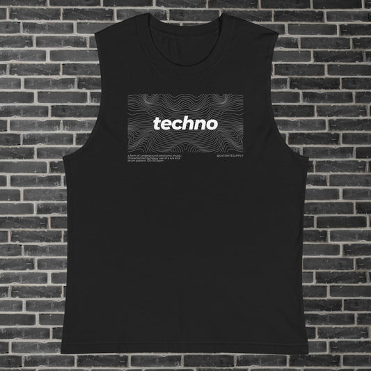 Techno Waves Sleeveless Techno Tee on a grey brick backgroun