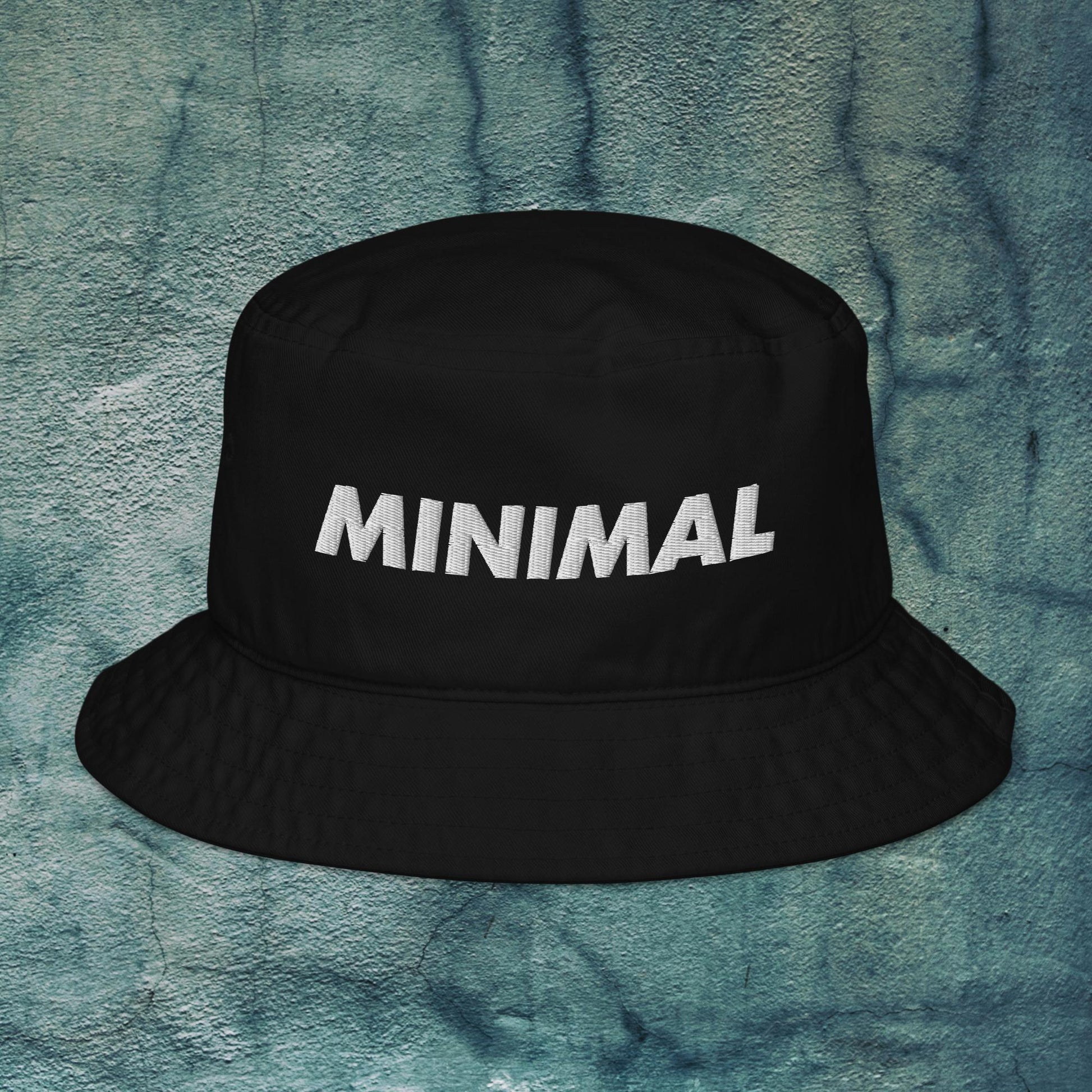 Minimal techno bucket hat on abstract background