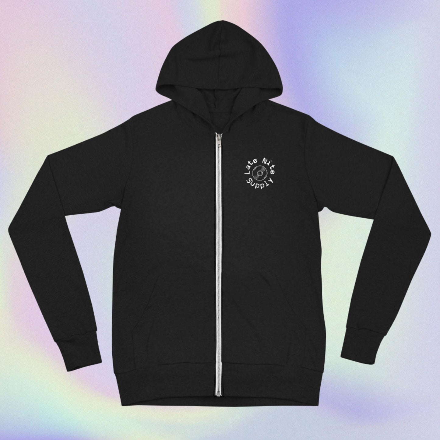 Dance till Sunrise lightweight zip techno hoodie (front)